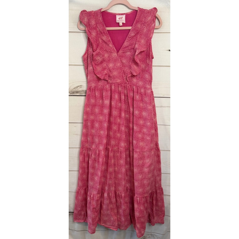 Banjanan Pink Floral Ruffle V-Neck Tiered Cotton Midi Dress Womens Size M